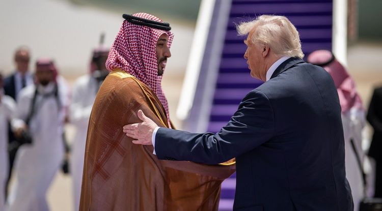 President Donald Trump bids farewell to Saudi Crown Prince Mohammed bin Salman al Saud as he boards Air Force One at King Khalid International Airport in Riyadh, Saudi Arabia, Wednesday, May 14, 2025