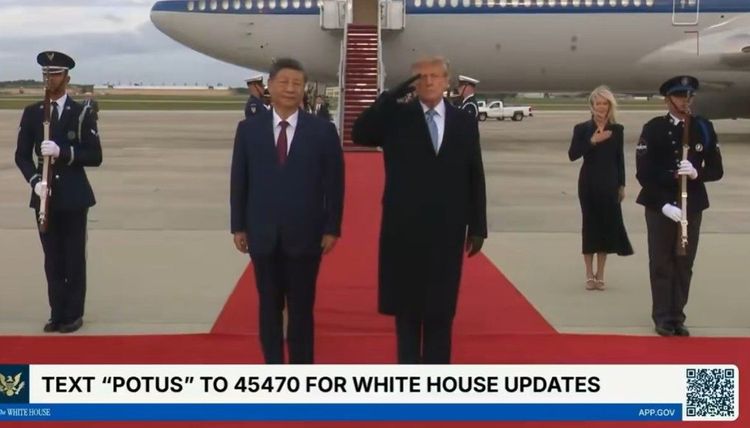 President Trump salutes as the Star-Spangled Banner is played after greeting Xi at his arrival. -- Image: Screenshot from the @RapidResponse47 X page.