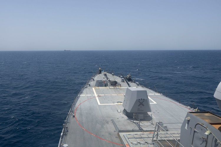 The USS Delbert D. Black (DDG 119) monitors regional waters as it transits the Arabian Sea during enforcement of the U.S. blockade against Iran.