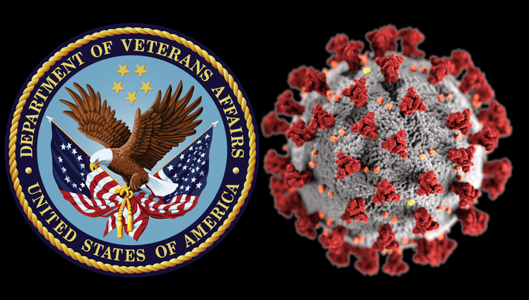 Department of Veterans Affairs logo side by side with an Illustration of the Covid virus