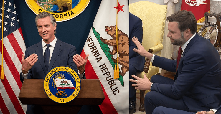 Newsom at Podium, Vance sitting