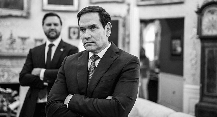 Marco Rubio stands with arms crossed and JD Vance also with arms crossed in the background. Black and white photo.