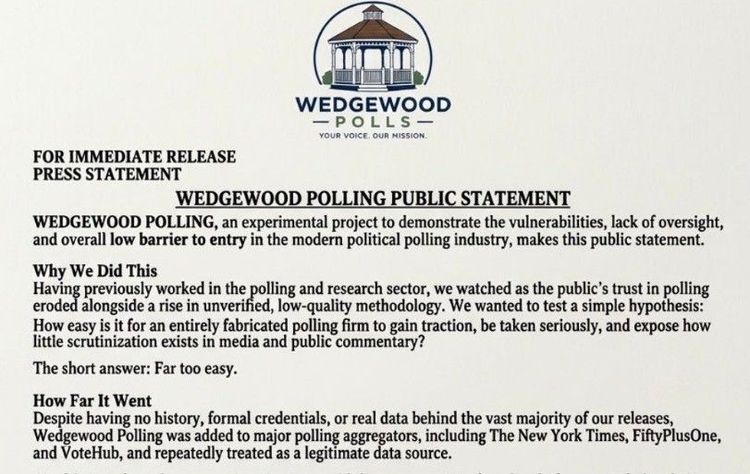 Screenshot of the statement released by @WedgewoodPolls on X.