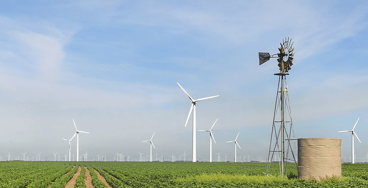 Wind Turbines and an old windmill at the Roscoe Wind Farm in West Texas