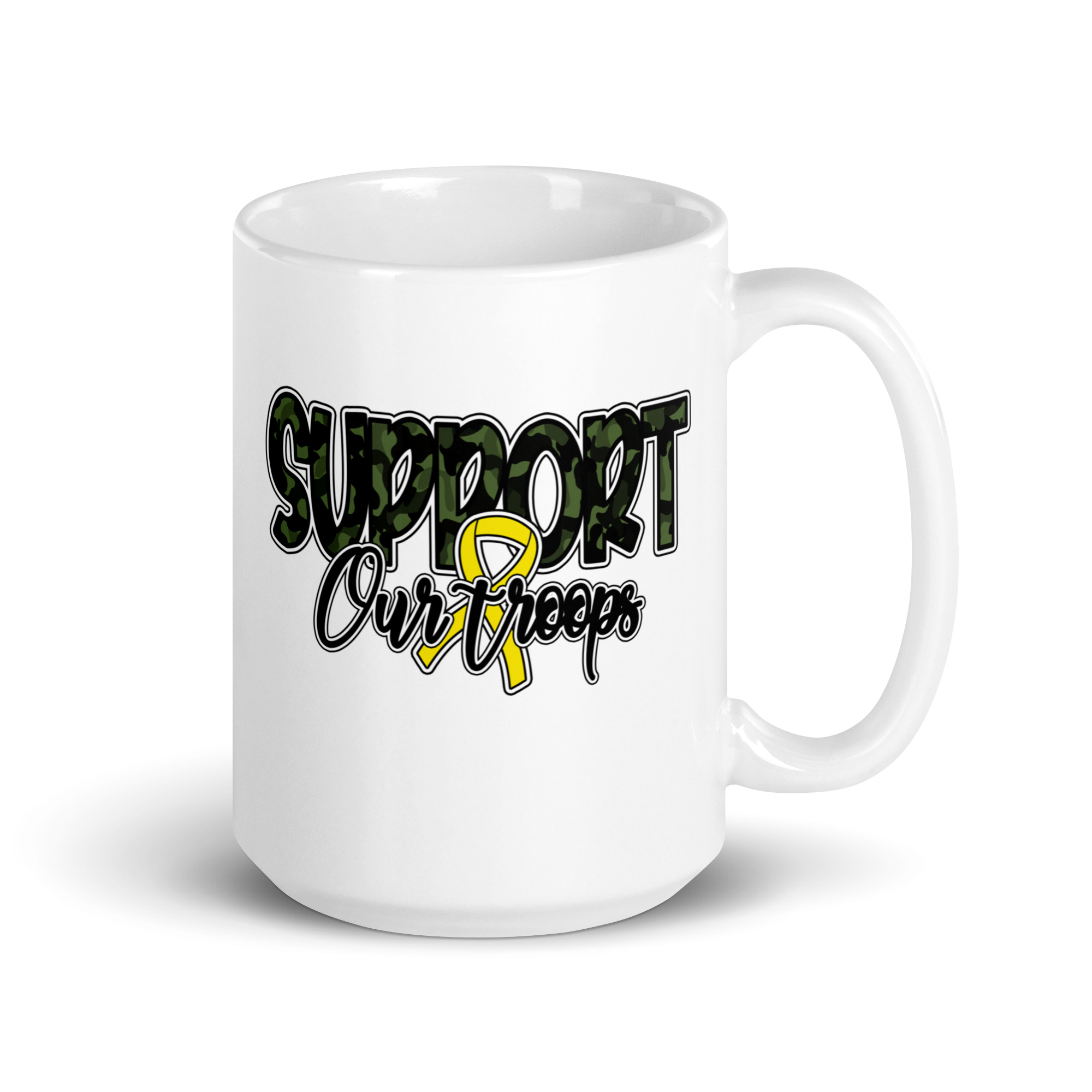  Support our Troops Camo Yellow Ribbon - White glossy mug