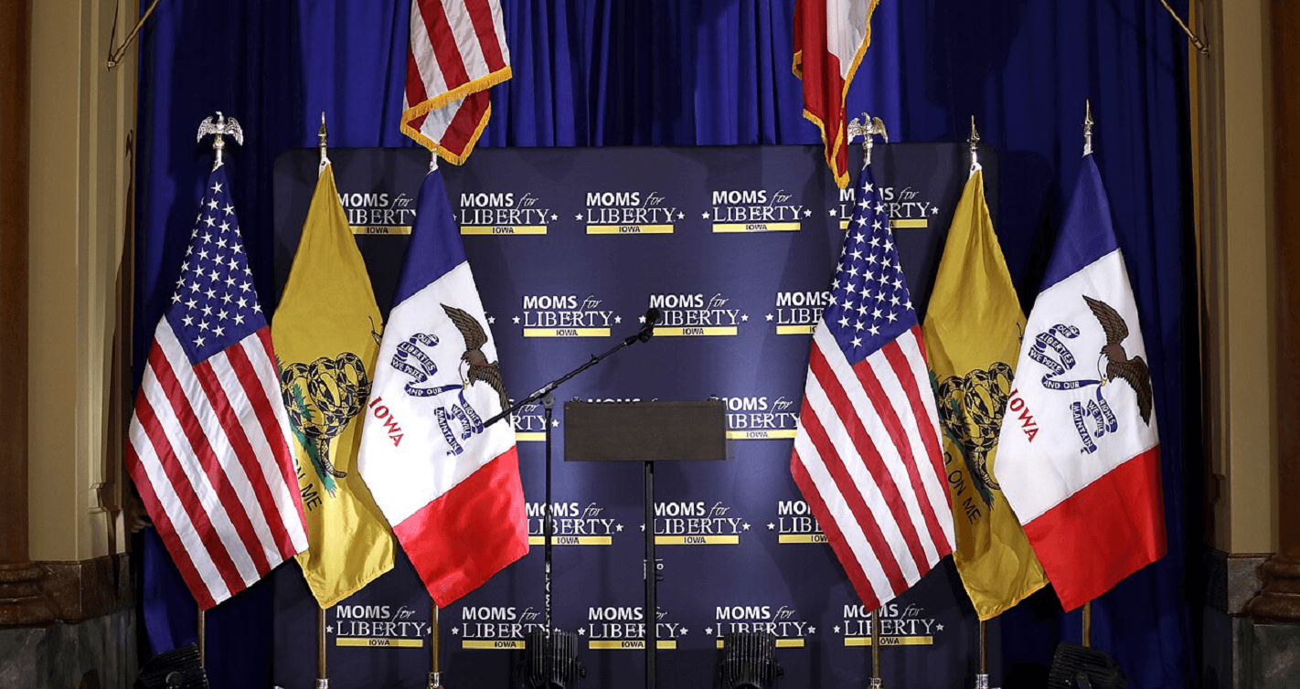 Moms for Liberty stage set up for a rally