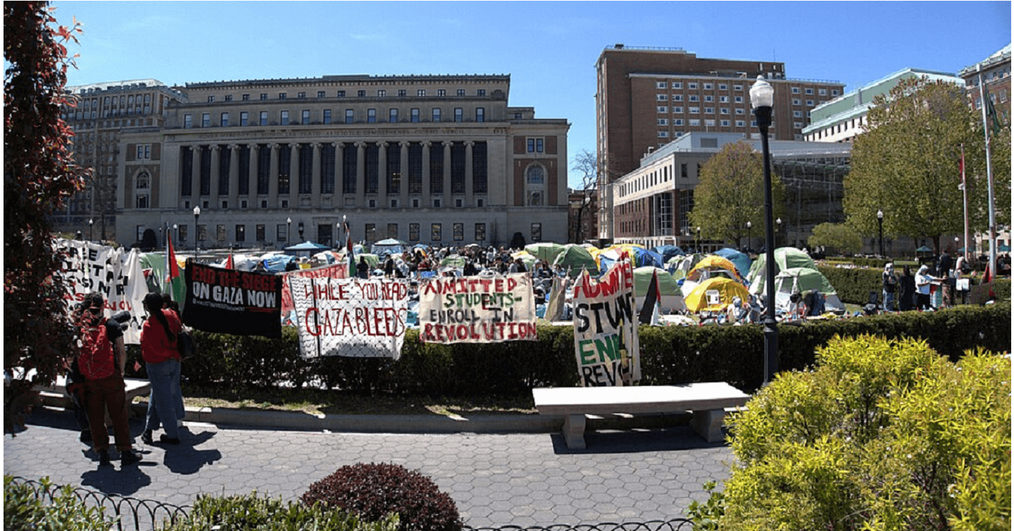 Protestors camped outside the Butler Library at Columbia University in April, 2024.