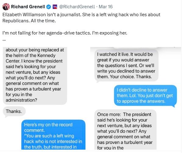 Screenshot of Richard Grennel's X post detailing the exchange with Elizabeth Williamson.