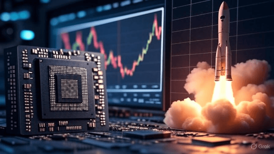 Computer chip, stock chart and rocket taking off