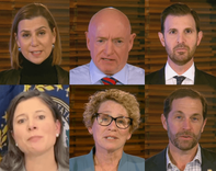 From top left to bottom right:  Elissa Slotkin of Michigan, Mark Kelly of Arizona, Chris Deluzio of Pennsylvania, Maggie Goodlander of New Hampshire, Chrissy Houlahan of Pennsylvania, and Jason Crow of Colorado. -- Screenshots from X