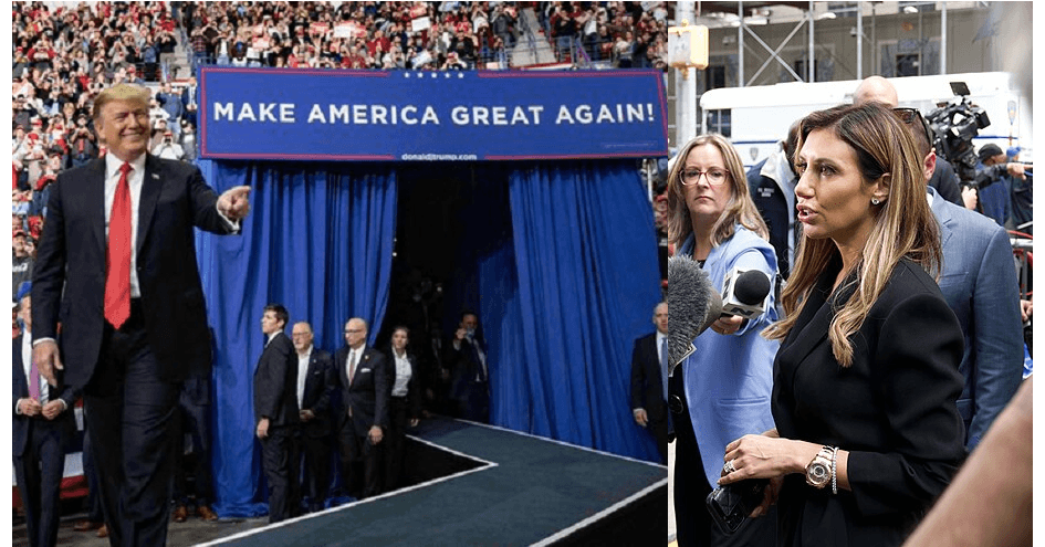 Split image: President Trump at a rally pointing, Alina Habba on right.