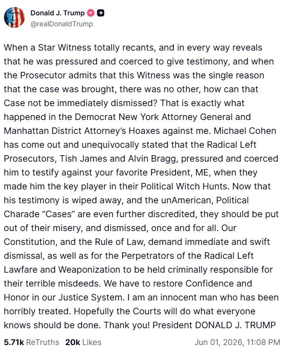 President Trump's June 1, 2026 post about Cohen recanting.