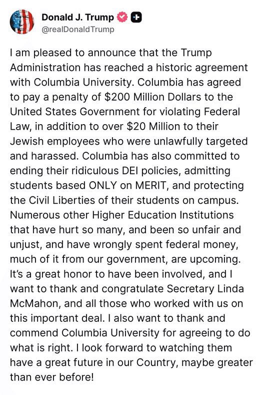 President Trump's statement on Truth Social About the Columbia Settlement