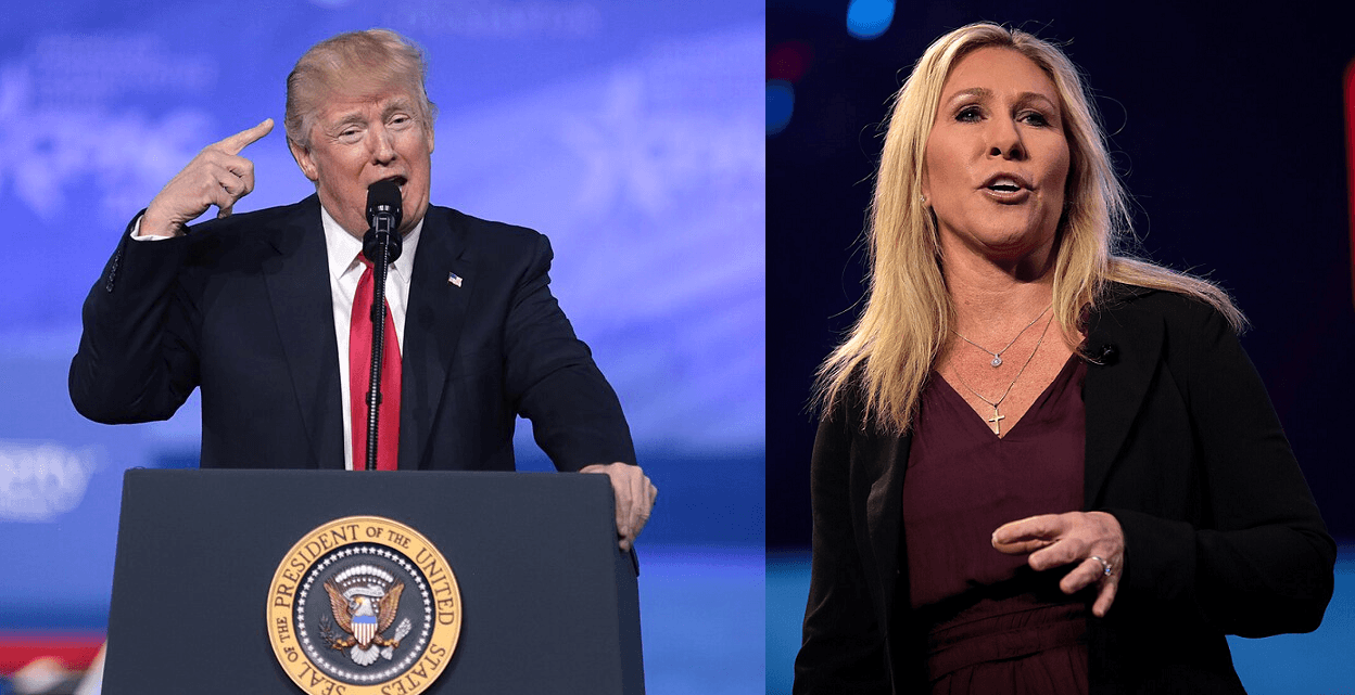 Split image: President Trump on left, Marjorie Taylor Greene on right.