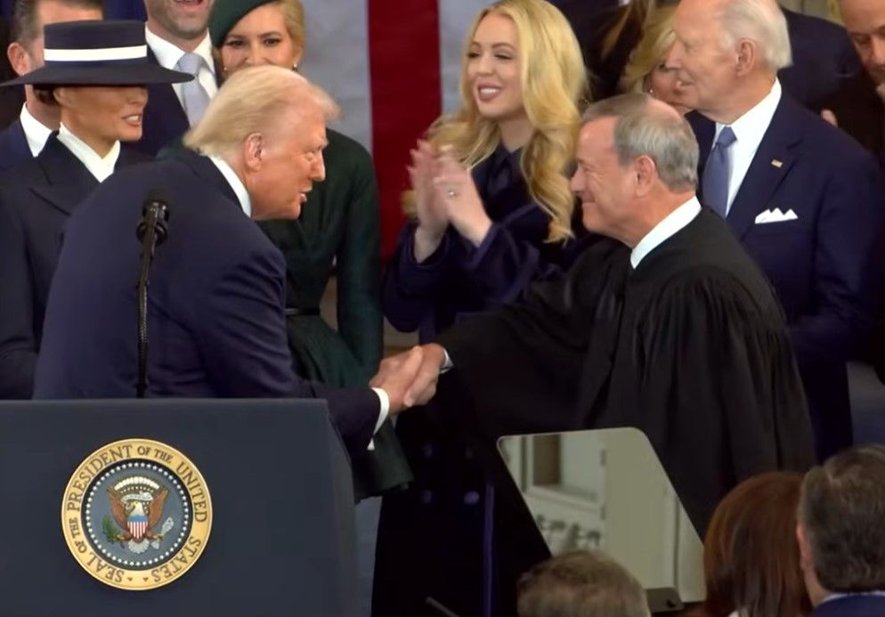 President Trump shakes Chief Justice Robert's hand after taking Oath of Office