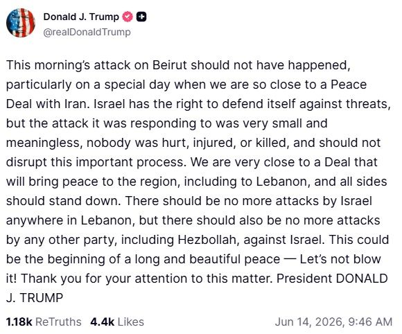 President Trump's Truth Social post urging restraint.