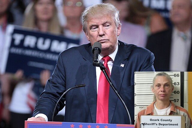 President Trump at podium, inset with mugshot of Johnetta Parsons