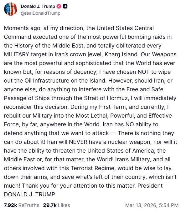 President Trump's post detailing the attack on Kharg Island.