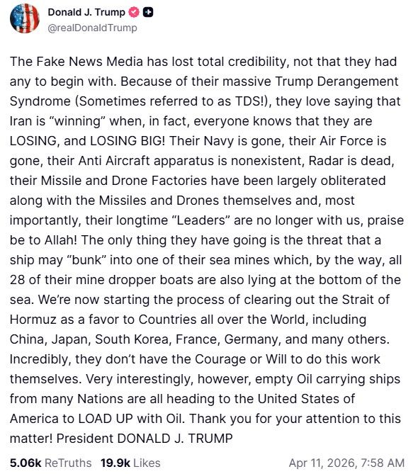 President Trump's Truth Social post confirming the mine clearing operation.