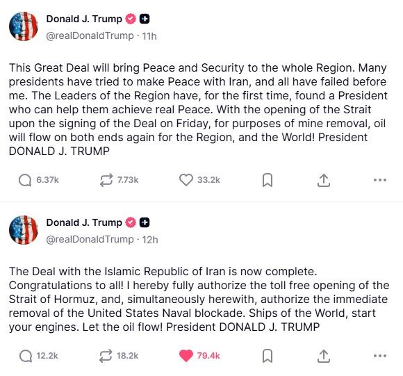 Screenshot of President Trump's posts about the Iran deal.